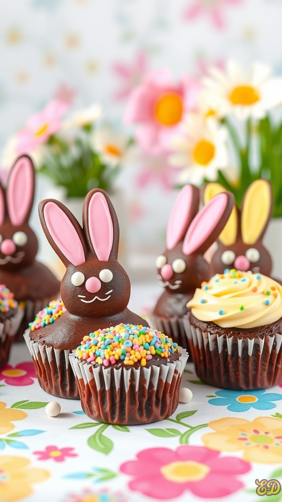 Chocolate bunny cupcakes decorated with colorful sprinkles and chocolate ears on a floral tablecloth