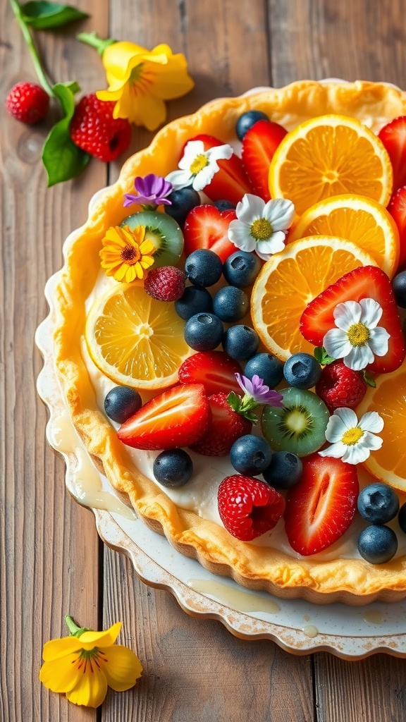 A beautifully arranged spring fruit tart topped with various colorful fruits and edible flowers on a wooden table.