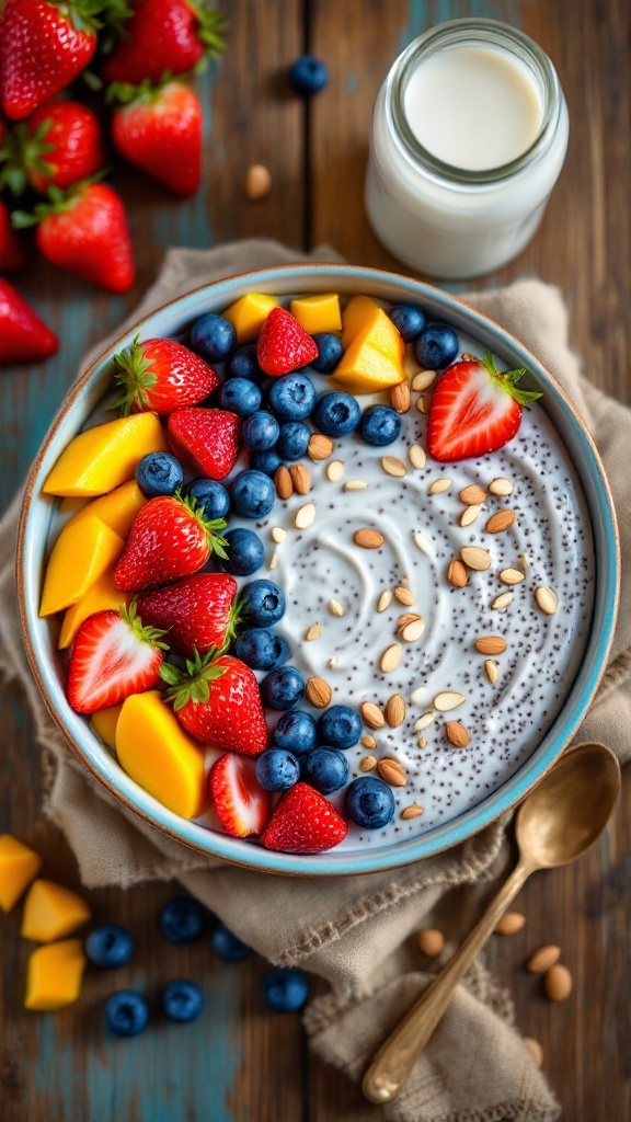 Chia pudding topped with fresh fruits on a rustic wooden table.