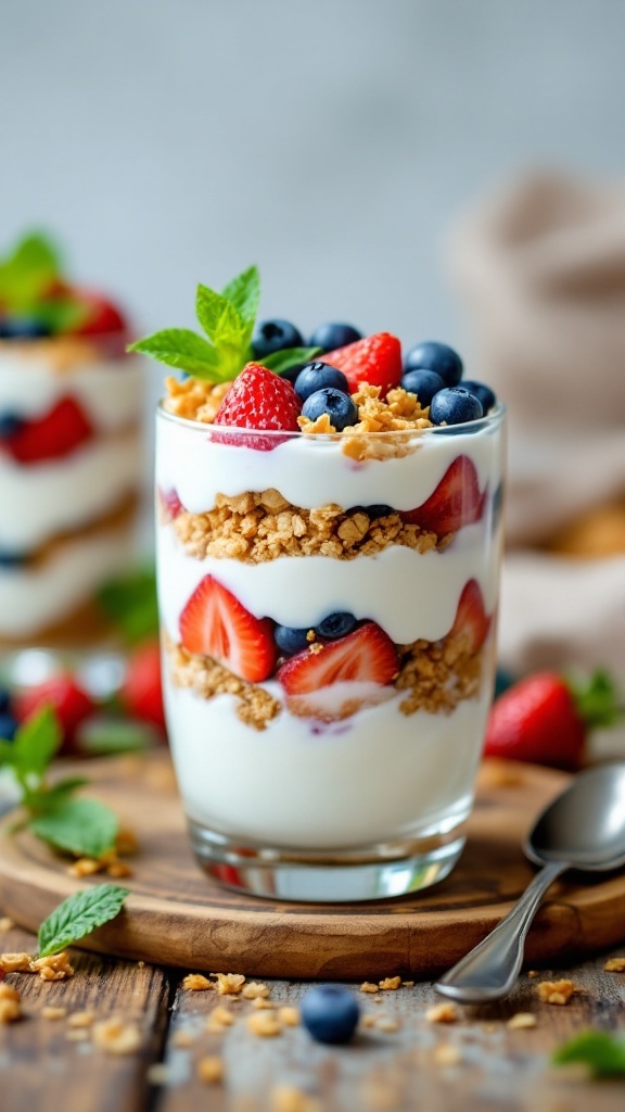 A colorful Greek yogurt parfait with layers of yogurt, berries, and granola in a glass, garnished with mint.