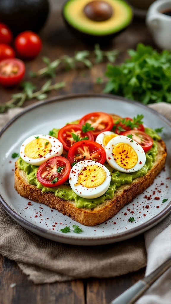 Avocado toast topped with boiled eggs and tomatoes, garnished with herbs on a rustic table.