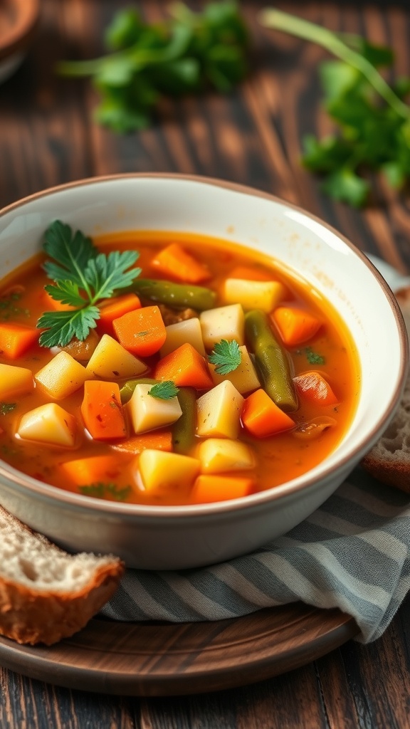 A bowl of hearty vegetable minestrone soup with carrots, zucchini, green beans, and parsley, accompanied by crusty bread.